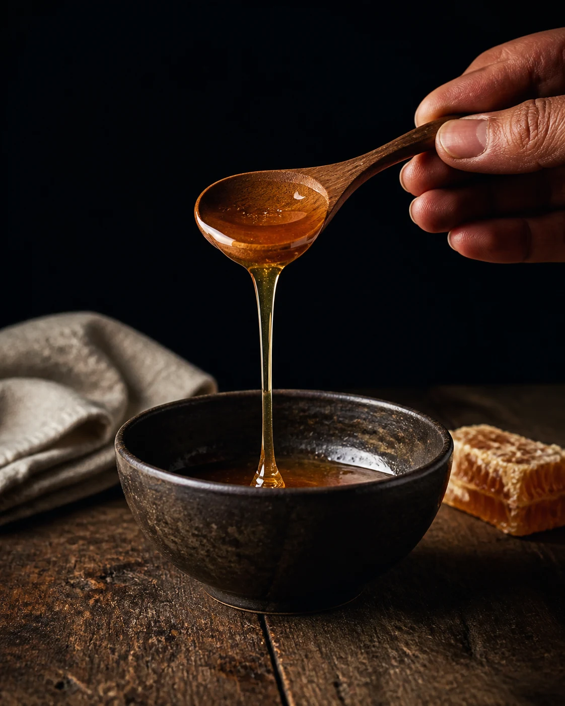 Creative Laclubar still life of honey pouring from a bamboo vessel